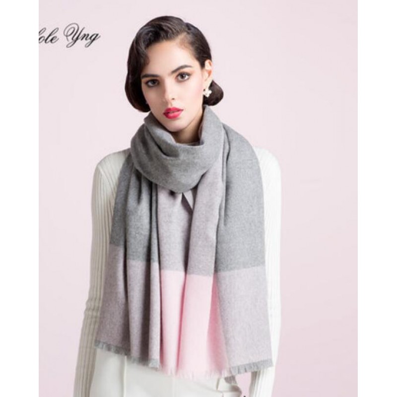 Pure Cashmere Scarf Women Pink Gray Plaid Fashional Winter Warm Scarf